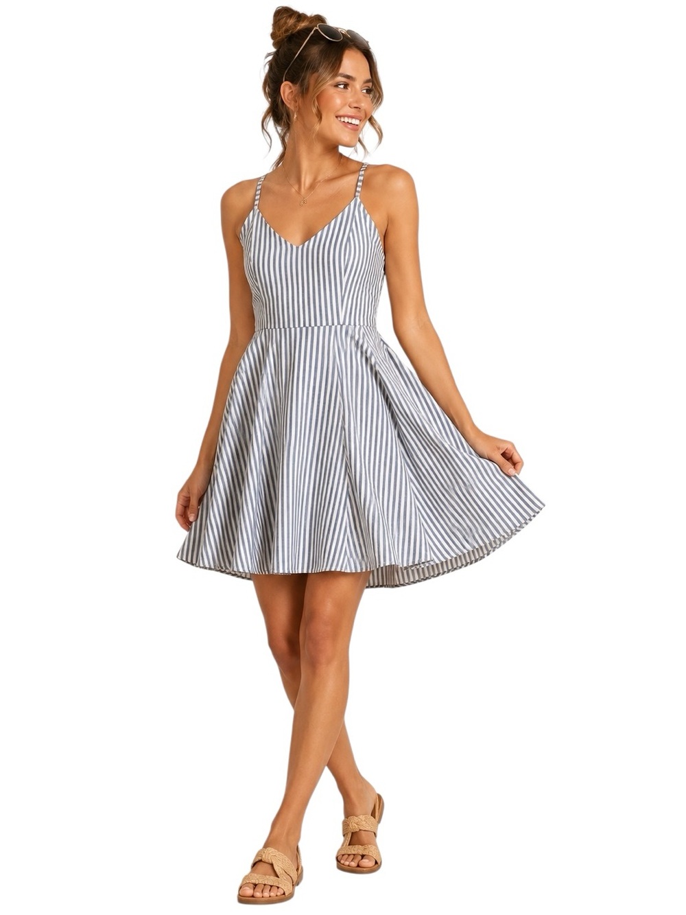Old Navy Striped Fit Flare Cami Mini Sundress Blue White Rayon Coastal Medium